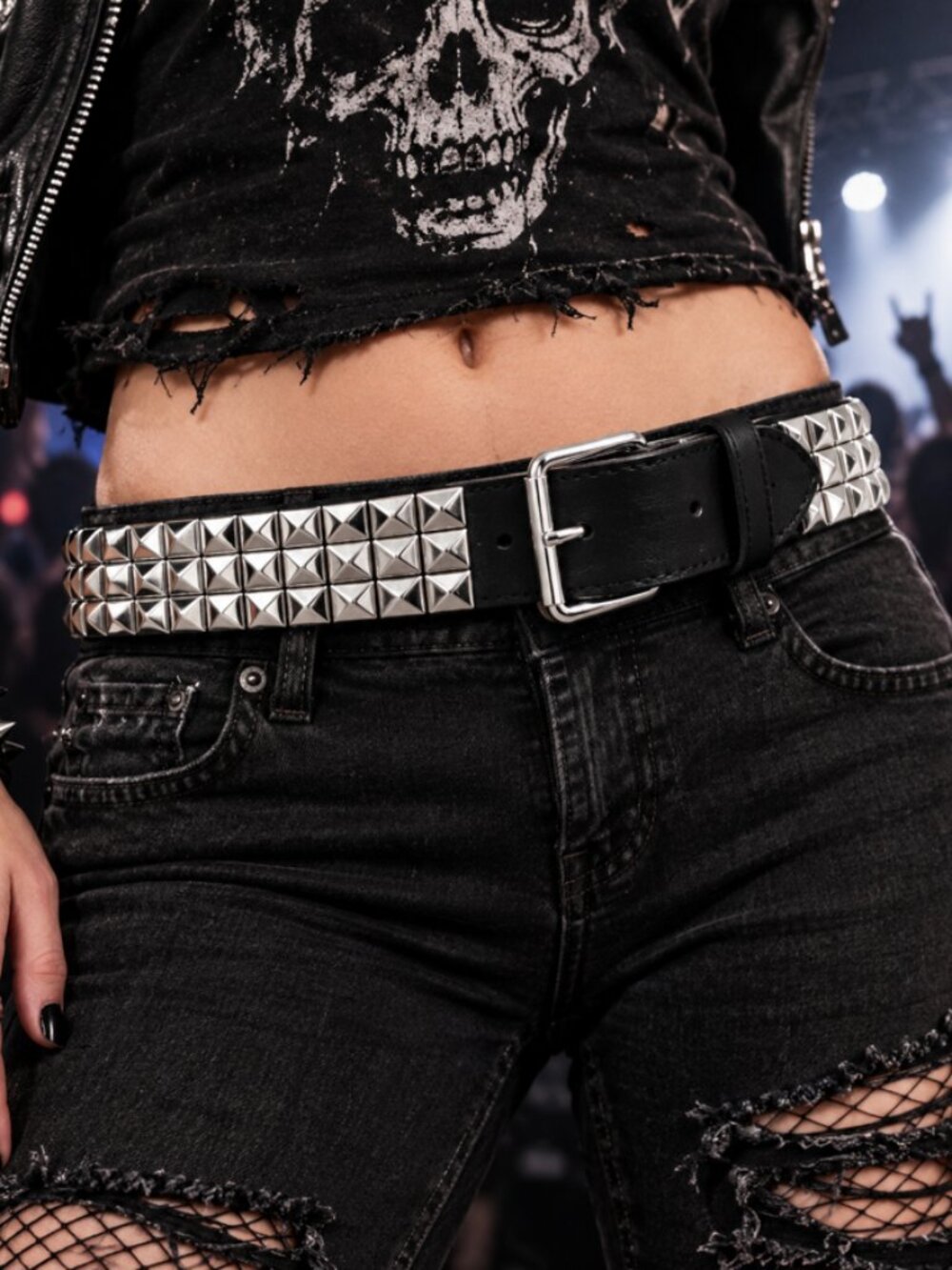 Three Row Silver Pyramid Studded Belt Metal Vegan Black Leather